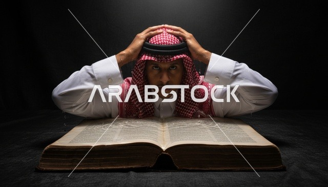 رجل سعودي يدرس كتابا ضخما تحت إضاءة درامية داكنة