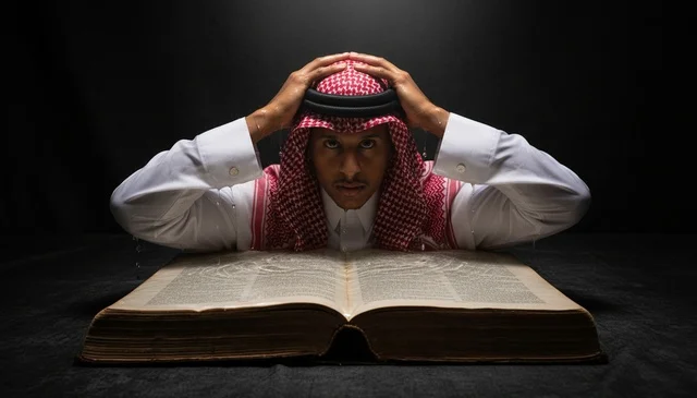 Saudi Man Studying Large Book Under Dramatic Light