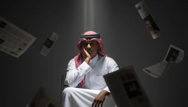 Saudi Man with Falling Newspapers under Spotlight Saudi Man with Falling Newspapers under Spotlight