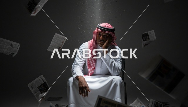 رجل سعودي يشعر بالضغط مع صحف متطايرة تحت الضوء