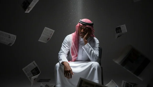 Saudi Man Stressed with Falling Newspapers under Spotlight