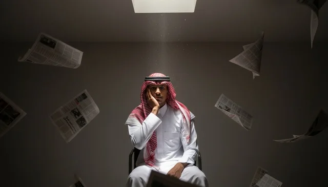 رجل سعودي محاط بالصحف المتطايرة في غرفة مظلمة
