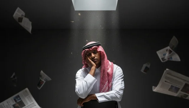 Saudi Man in Traditional Thobe Thinking Under Spotlight