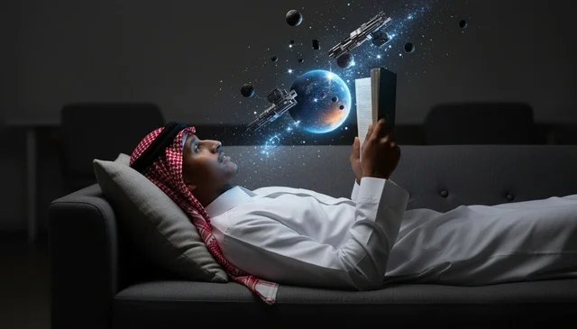 رجل سعودي يقرأ كتاباً مع عرض هولوجرام للفضاء