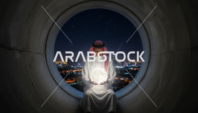 رجل سعودي يحمل مصباح القمر فوق أفق المدينة ليلاً