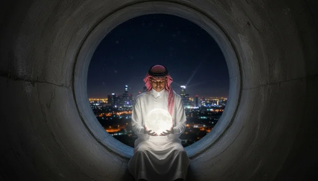 Saudi Man Holding Glowing Moon Lamp Over Night City