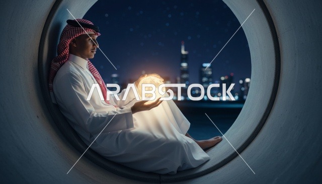 رجل سعودي يحمل مصباح قمر مضيء أمام أفق المدينة