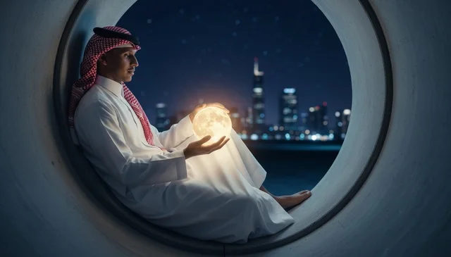 Saudi Man with Glowing Moon Lamp and City Skyline Saudi Man with Glowing Moon Lamp and City Skyline