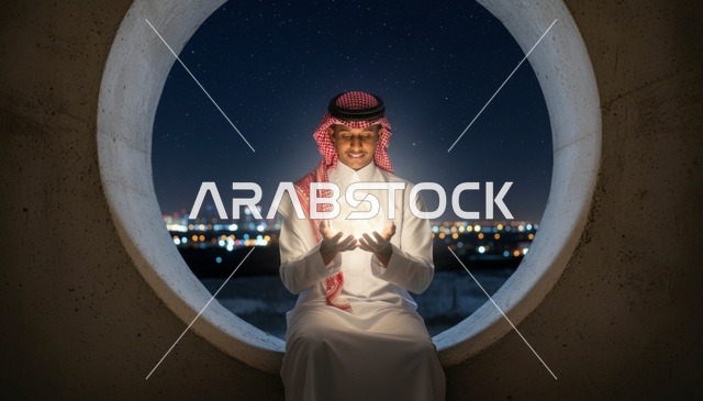 شاب سعودي يحمل كرة مضيئة في نافذة دائرية ليلاً