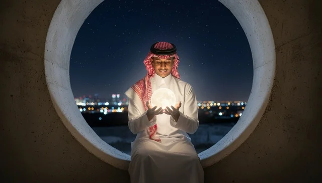 Saudi Man Holding Glowing Moon in Circular Night Window