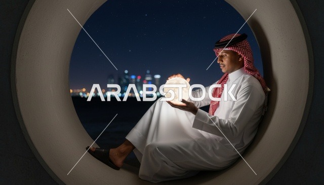 رجل سعودي يحمل مصباح القمر مع أفق المدينة ليلاً