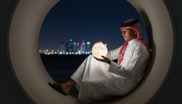 Saudi Man Holding Moon Lamp with City Skyline at Night