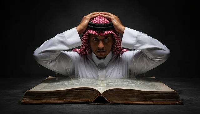رجل سعودي بالزي التقليدي مع كتاب مفتوح ضخم