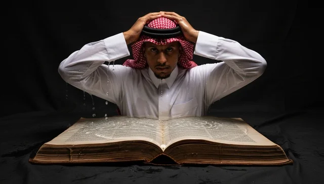 رجل سعودي بالزي التقليدي يضع يده على رأسه أمام كتاب