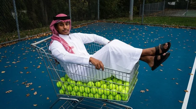 رجل سعودي يرتدي الثوب التقليدي في عربة تسوق بملعب التنس
