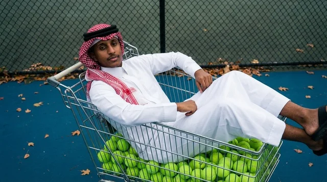 Saudi Man in Shopping Cart on Tennis Court Saudi Man in Shopping Cart on Tennis Court