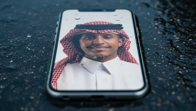 Saudi Man Portrait on Smartphone Screen in Rain