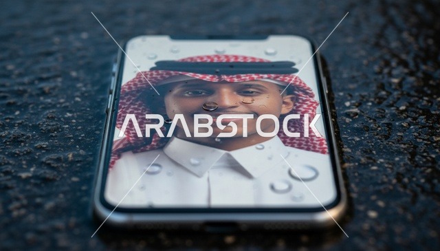 هاتف ذكي على أرض مبللة مع صورة رجل سعودي