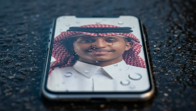 هاتف ذكي على أرض مبللة مع صورة رجل سعودي