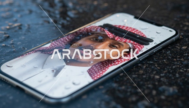 هاتف ذكي على سطح مبلل بصورة رجل سعودي بالزي التقليدي