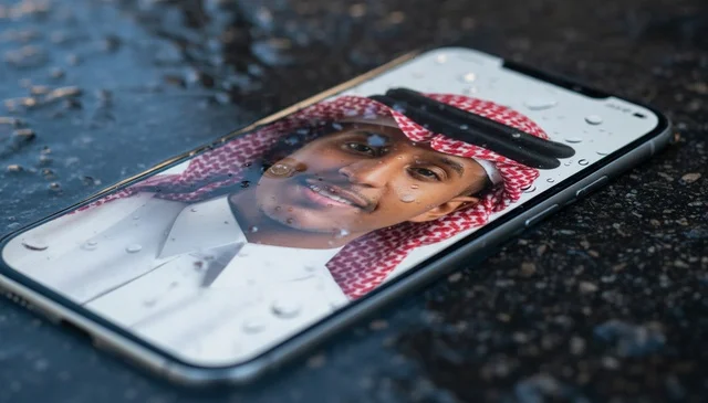 هاتف ذكي على سطح مبلل بصورة رجل سعودي بالزي التقليدي