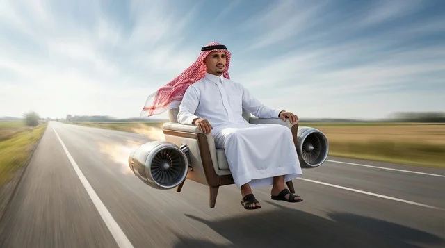 Saudi Man Flying Futuristic Jet Armchair on Highway