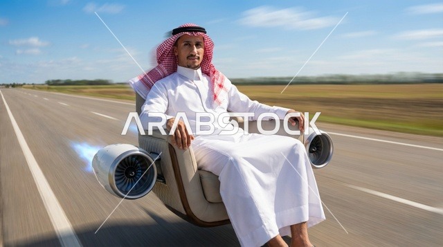رجل سعودي على كرسي نفاث طائر فوق الطريق