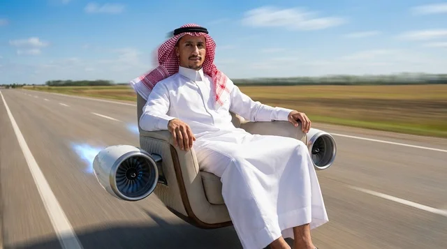 Saudi Man in Flying Jet Chair on Highway