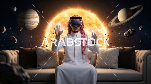 رجل سعودي يستخدم نظارة الواقع الافتراضي في محاكاة للفضاء