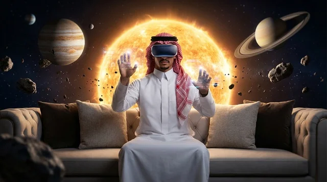 Saudi Man Using VR Headset in Space Simulation