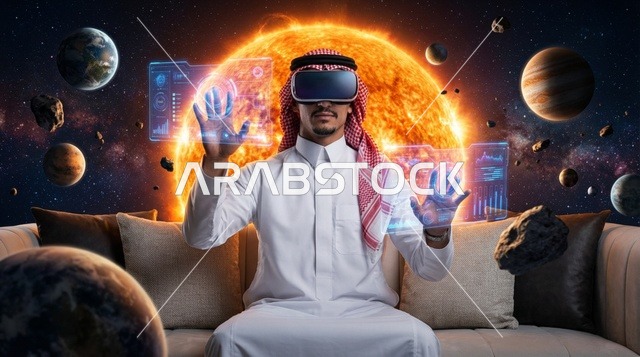 رجل سعودي يرتدي نظارة واقع افتراضي يستكشف الفضاء