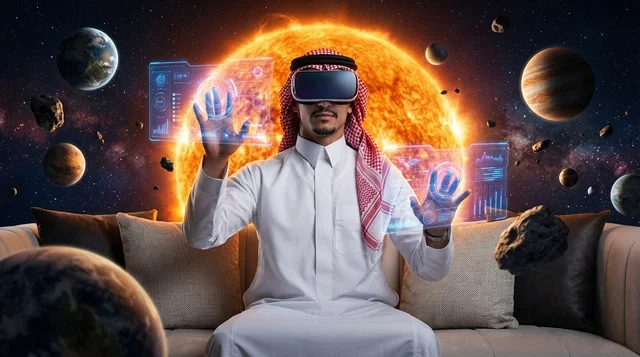 رجل سعودي يرتدي نظارة واقع افتراضي يستكشف الفضاء
