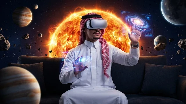 Saudi Man Using Virtual Reality Space Hologram