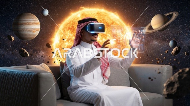 رجل سعودي بالزي التقليدي يستخدم نظارة الواقع الافتراضي