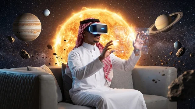 Saudi Man in Thobe Using VR Space Simulation