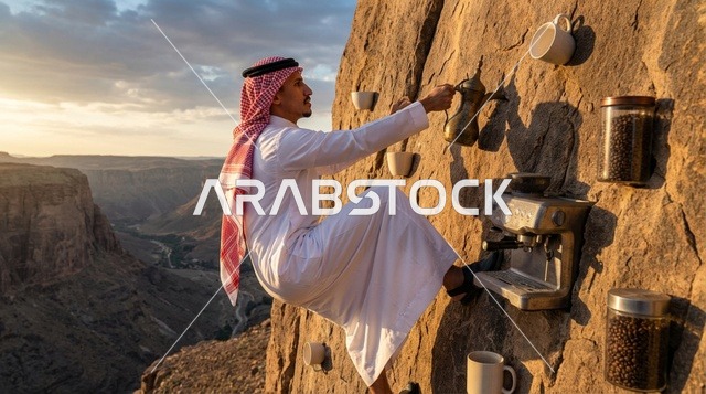 رجل سعودي يحضر القهوة على جرف جبلي وقت الغروب
