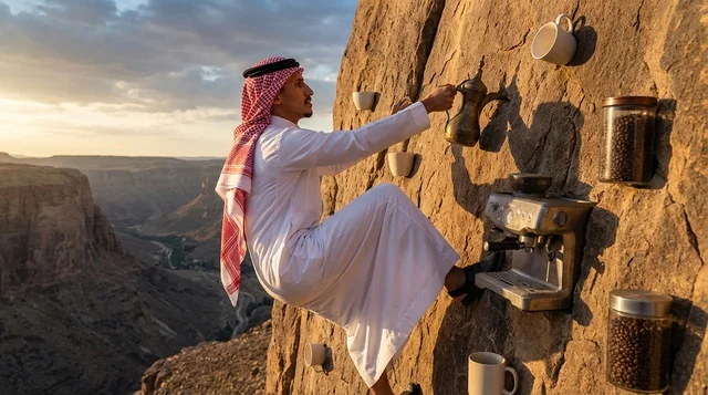 Saudi Man Preparing Coffee on Mountain Cliff at Sunset