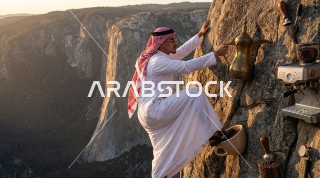 رجل سعودي يتسلق جبل القهوة وقت الغروب
