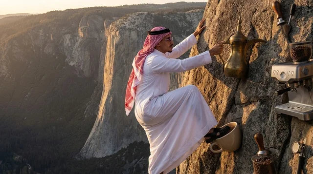 Saudi Man Climbing Coffee Themed Mountain at Sunset