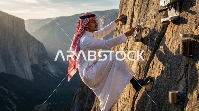 رجل سعودي يتسلق جرف صخري مع القهوة العربية