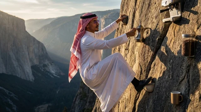 Saudi Man Climbing Mountain Cliff with Arabic Coffee