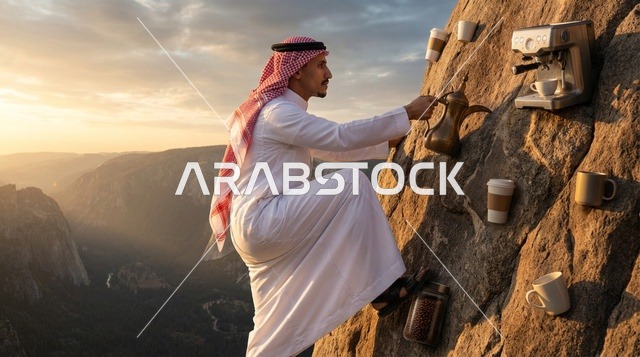رجل سعودي يتسلق جبل مع ماكينة قهوة وقت الغروب