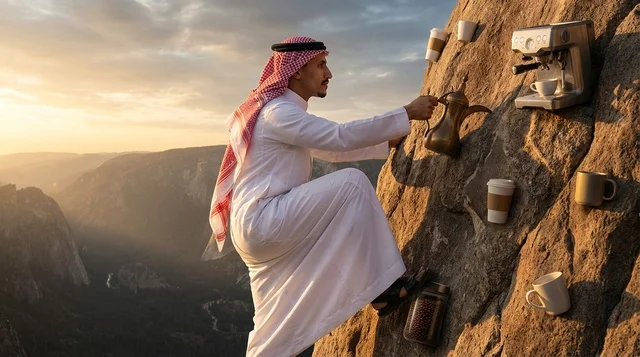 Saudi Man Climbing Mountain with Coffee Machine at Sunset