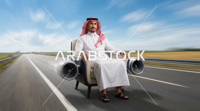 رجل سعودي على كرسي بمحركات نفاثة على طريق سريع