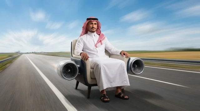 Saudi Man on Jet Powered Armchair on High Speed Road