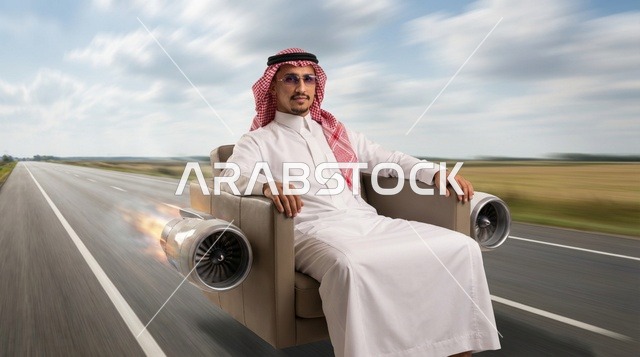 رجل سعودي على أريكة نفاثة فوق طريق سريع