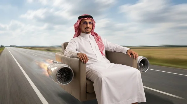 Saudi Man on Jet Powered Armchair over Highway
