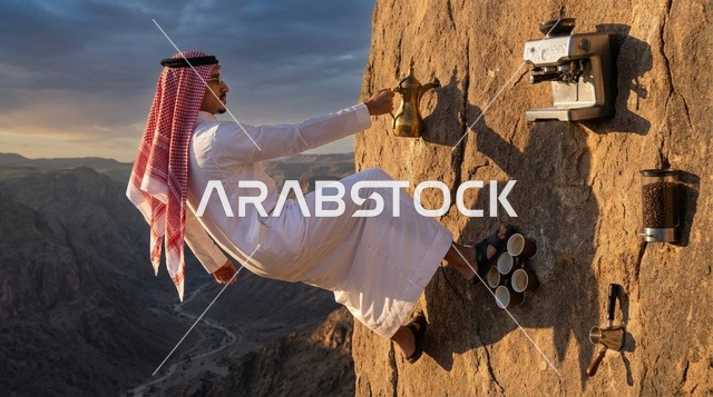 رجل سعودي يشرب القهوة على جبل صخري