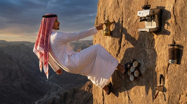 Saudi Man Drinking Coffee on Mountain Cliff