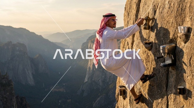 رجل سعودي يتسلق الجبل مع أدوات القهوة وقت الغروب